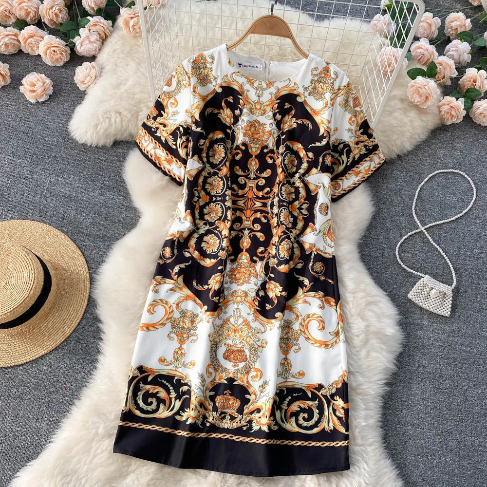 Summer Dresses Fashion Women Clothing 2023 Wedding Party Elegant Vintage Print Dress Round Neck Short Sleeve Straight Mini Dress