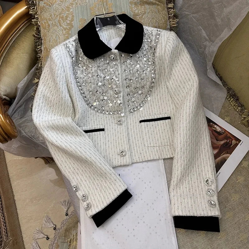 Spring Rhinestone Decoration Tweed Jacket for Women Exquisite Elegant Female Sequin Coat Autumn Trendy Commuter Crop Outerwear