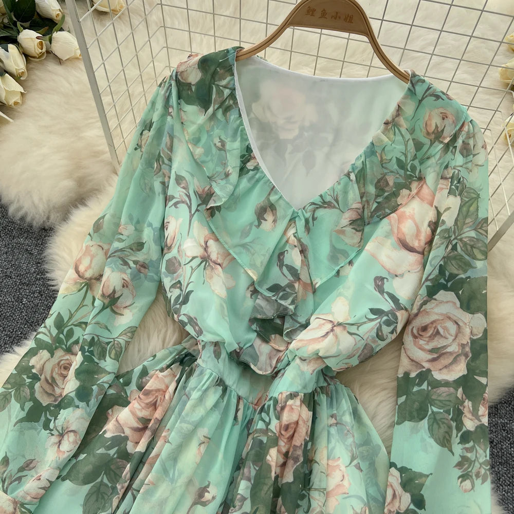 Women Elegant Floral Print Dress for Women Vintage V-Neck Long Sleeves Chiffon Slim A-Line Vestidos Mujer Autumn Female Clothes
