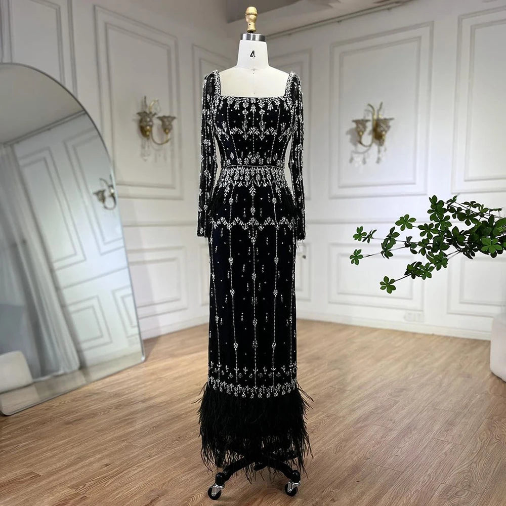 Serene Hill Muslim Turquoise Mermaid Elegant Evening Dresses Gowns 2024 Luxury Beaded Feather For Women Party LA71722