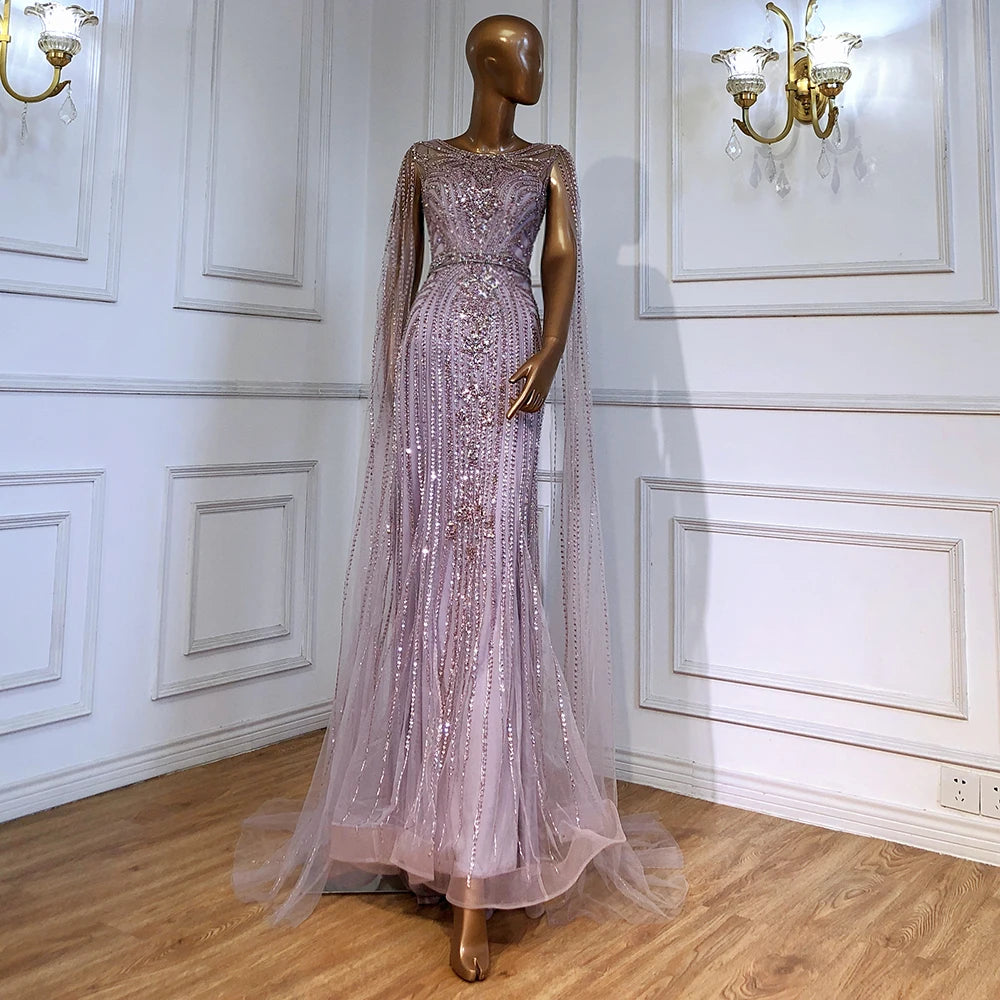 Serene Hill Brown Mermaid Elegant 2024 With Cape Sleeves Beaded Luxury Evening Dresses Gowns For Women Party LA70638