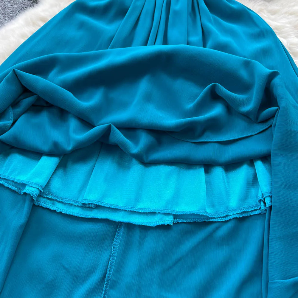 Vintage Elegant V-neck chiffon Dress A-line Fashion Beach Spring Summer Vestidos Women Bandage Sweet dresses