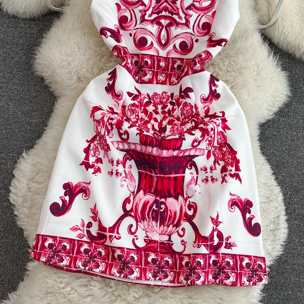New In Dresses Summer Clothes For Women 2023 Fashion Elegant Vintage Print Party Dress Round Neck Sleeveless A Line Mini Dress