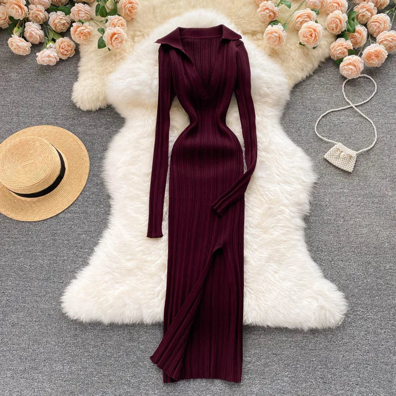 Women Chic Elegant Long Sleeve Split Bodycon Midi Dress Sexy French Fashion Knit Wrap Vestidos Elastic Slim Pencil Sweater Dress