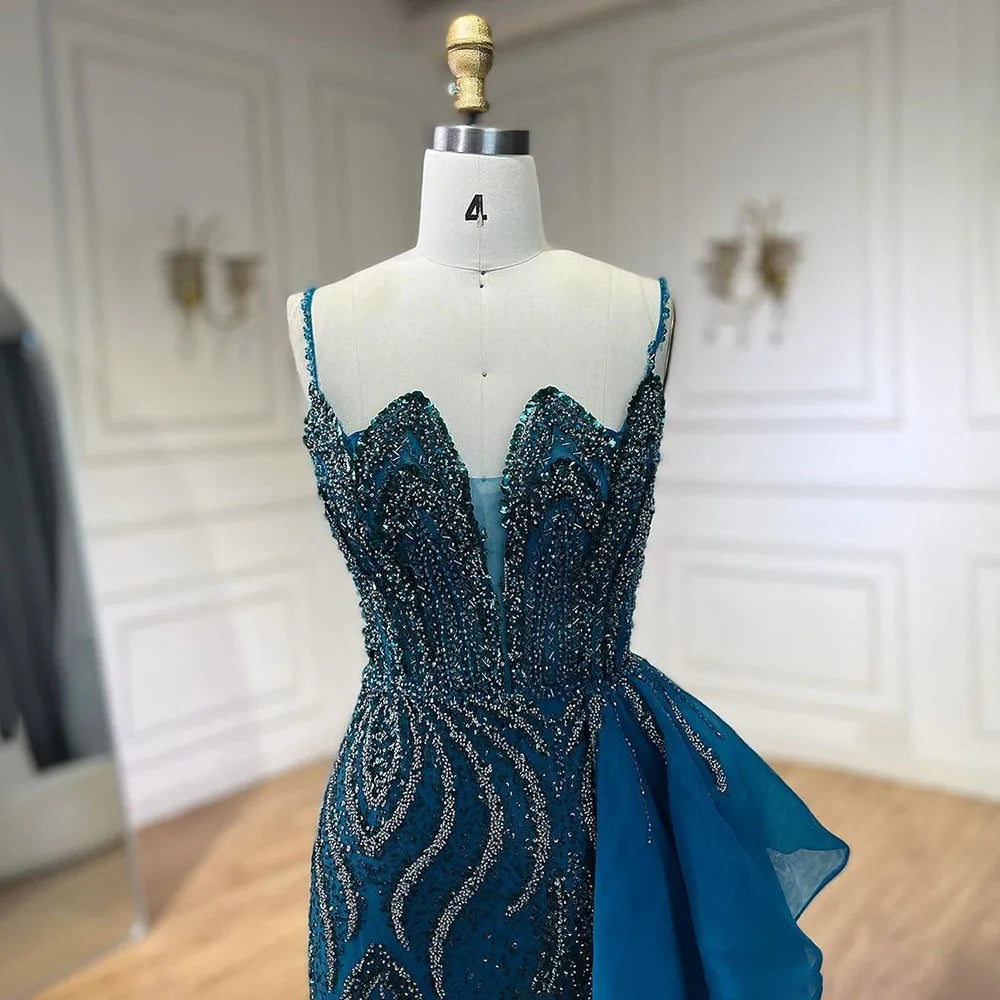 SERENE HILL 2024 Turquoise Spaghetti Strap Luxury Beaded Evening Dresses Mermaid Elegant Overskirt Gown For Women Party GLA72378