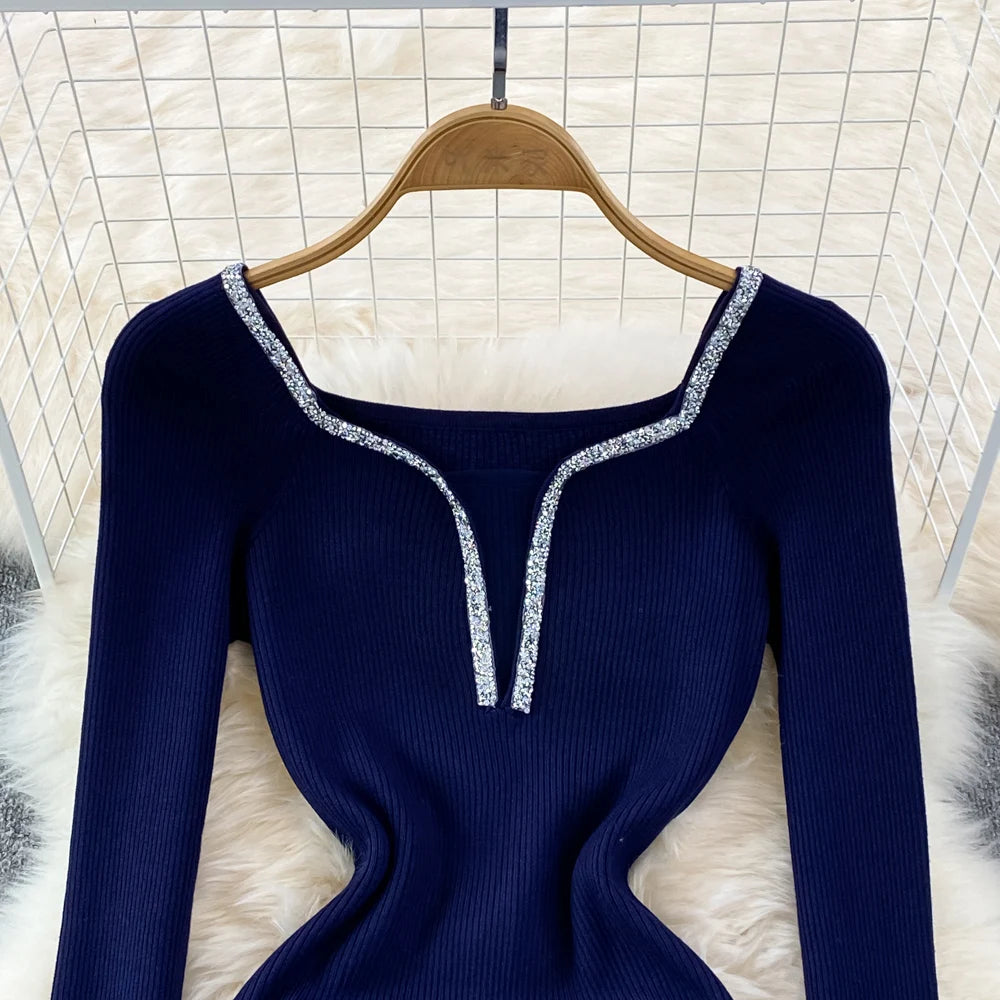Chic Elegant Glitter V Neck Long Sleeve Elastic Bodycon Dress Sexy Fashion Knit Pencil Vestidos Slim Autumn Winter party robe