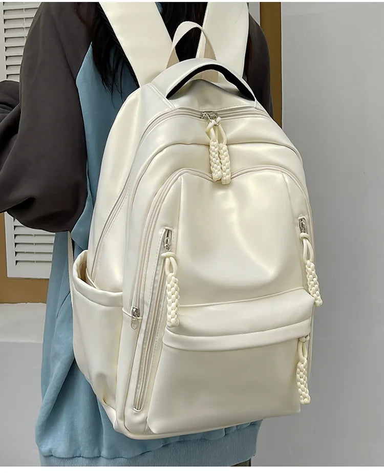 Korean Fashion College Student School Bags Women's New Trendy Casual Glossy Leather Backpacks Versatile Large Capacity Handbags