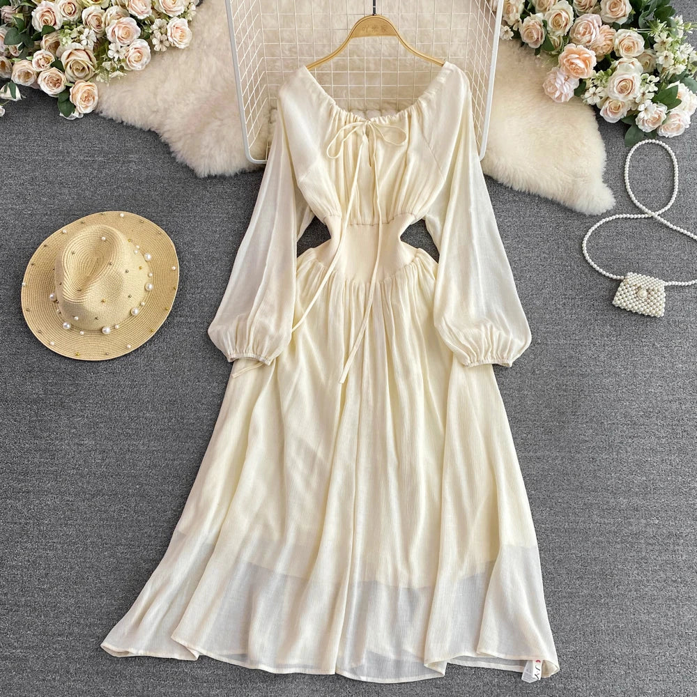 Elegant Sweet Princess Party Dress Women High Waist A-Line Lace Up Autumn French Vintage Prom Robe One Piece Vestidos Mujer New