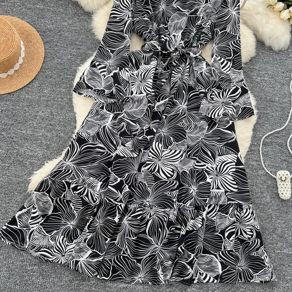 Women Vintage Print Dress for Women Autumn Flare Long Sleeves Lace Up Ruffles Slim Waist Evening Party Dresses A-Line Vestidos