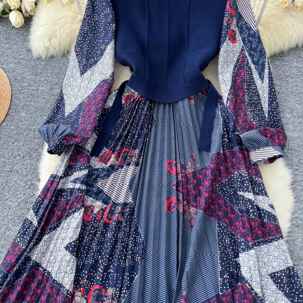 French Vintage Patchwork Print Knitted Dress Elegant and Chic Boho Beach Holiday Dresses A-Line Slim Waist Pleated Vestidos New