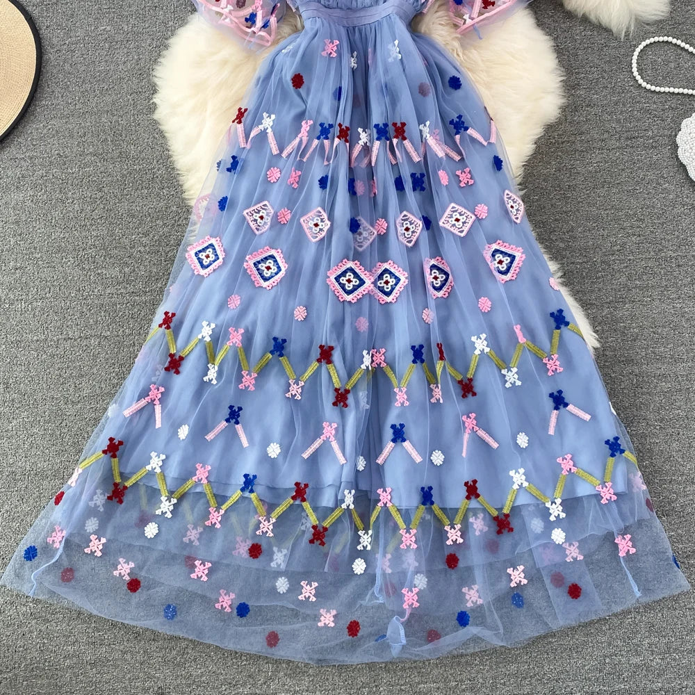 Summer Designer Fashion Runway Maxi Dress Women Short Sleeves Vintage High Quality Mesh Embroidery Long Party Dress