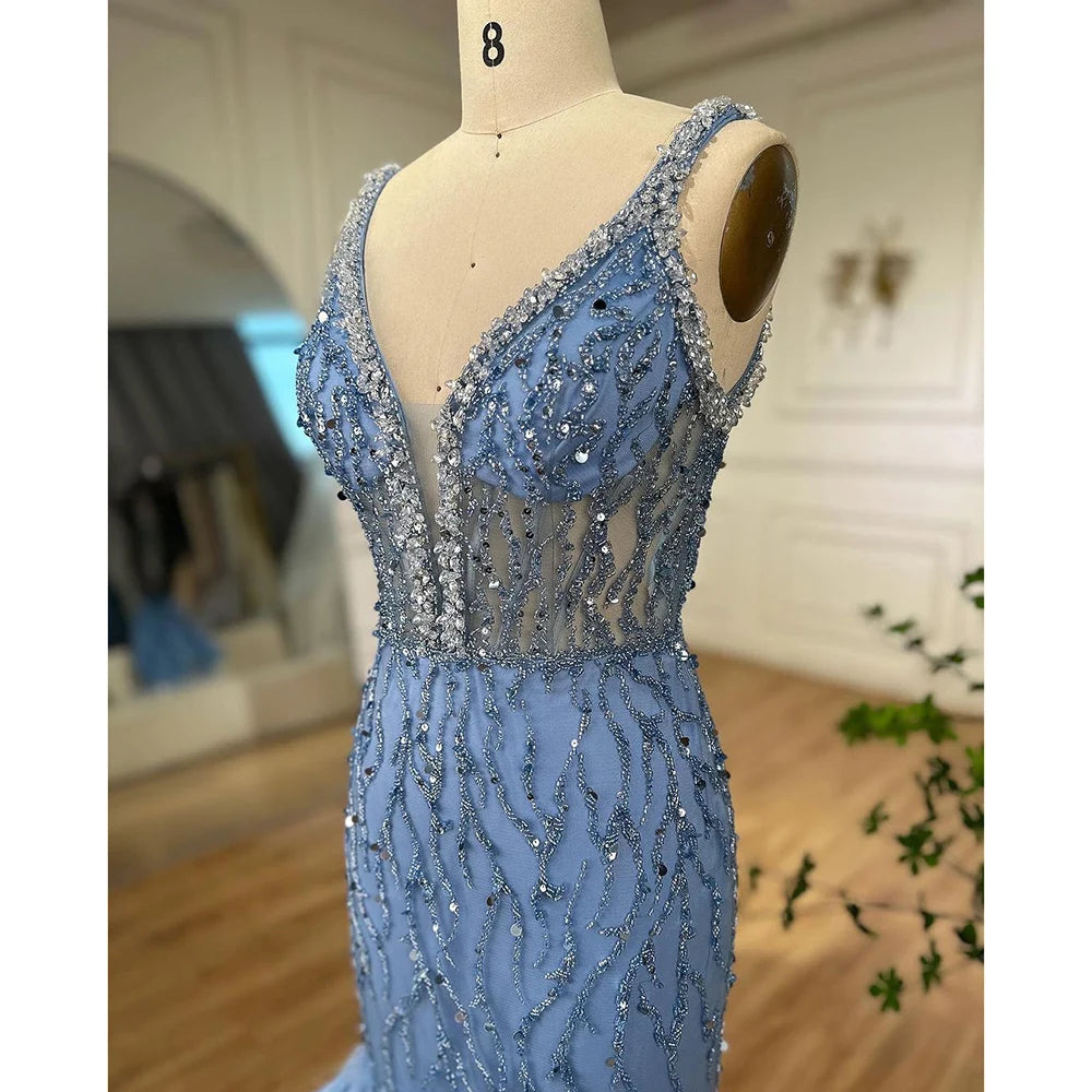Serene Hill Pink Mermaid High Split Luxury Evening Dresses Feather Beaded Gowns Long 2024 For Women Wedding Party LA72152