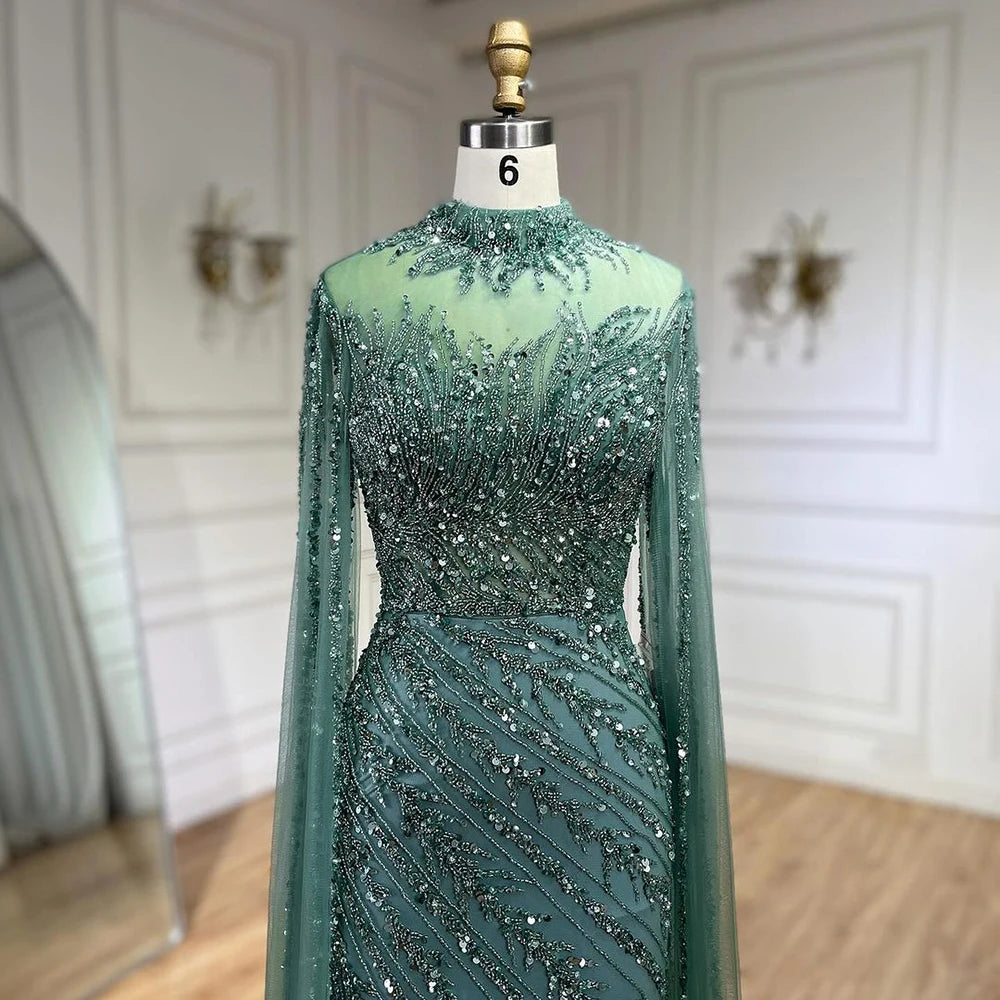 Serene Hill 2024 Nude Cape Sleeves Mermaid Lace Beaded Luxury Dubai Long Evening Dresses Gowns for Women Wedding Party BLA71885A