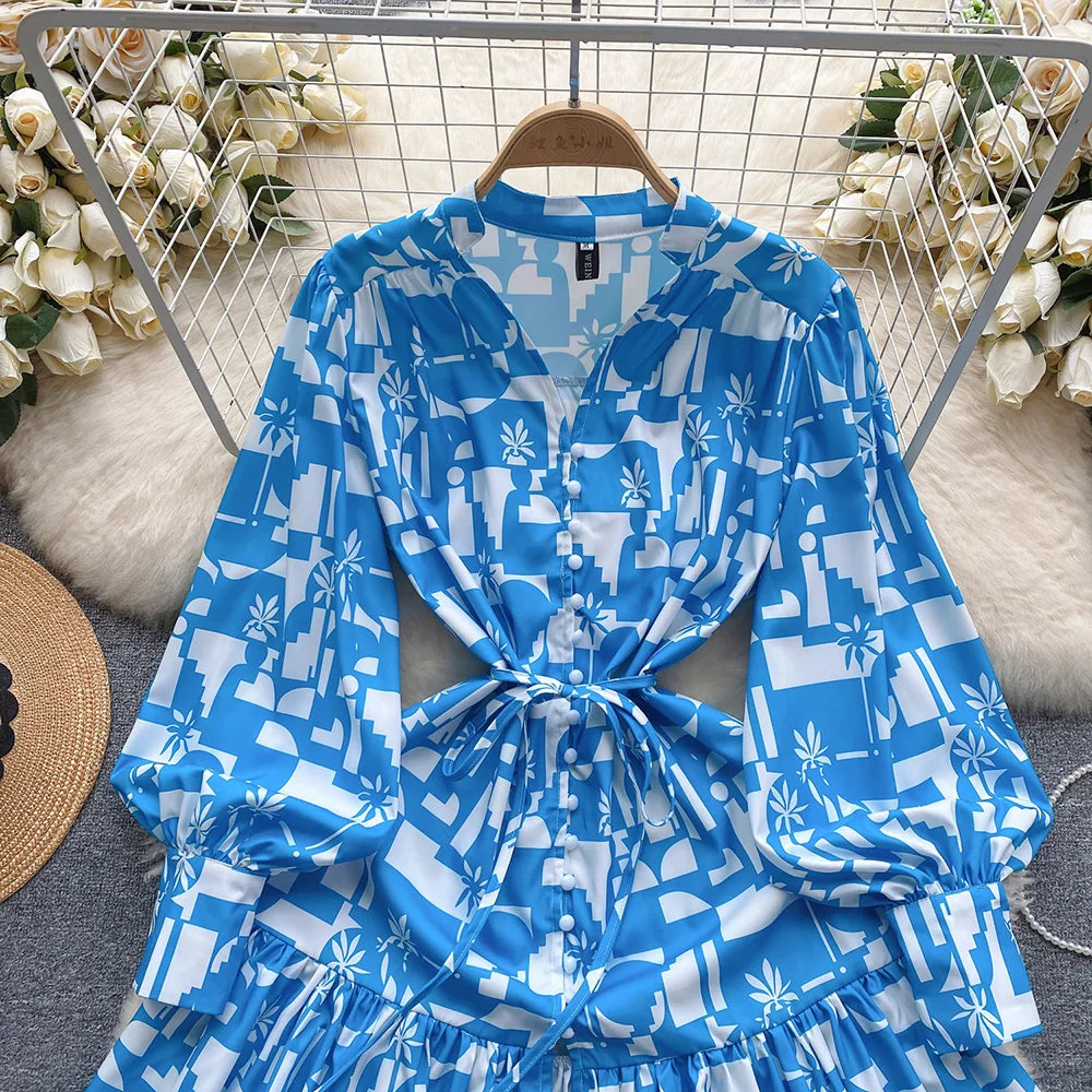 Short Dresses For Women Front Button Up Elegant Geometric Print Dress V Neck Long Sleeve Ruffle Hem Tie Belt Mini Casual Dress