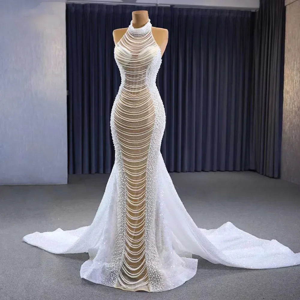 Serene Hill White champagne Mermaid Lace Up Luxury Pearls Beaded Bride Gowns Wedding Dress 2024 High End Custom Made HM231033