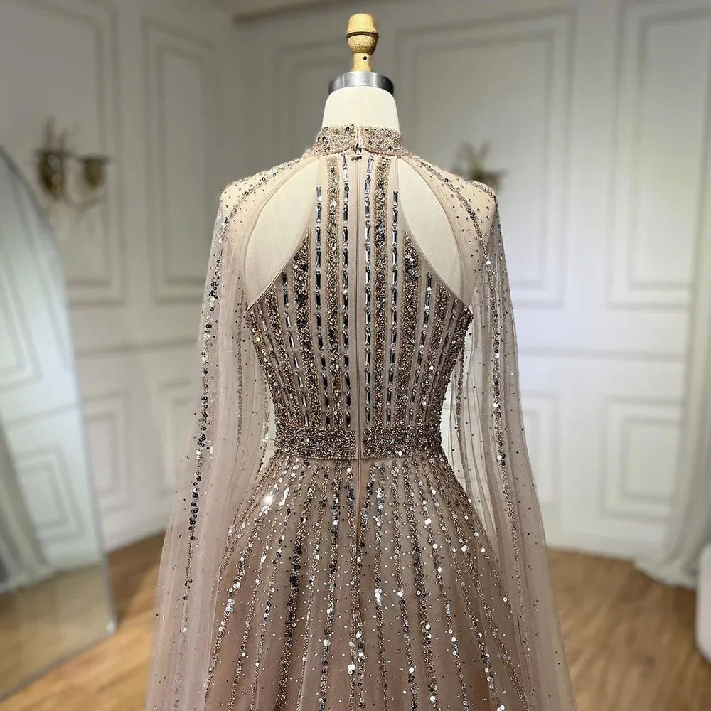 Serene Hill Arabic Turquoise A Line Cape Sleeve Beaded Luxury Dubai Evening Dresses Gowns For Women Wedding Party 2024 BLA72306A
