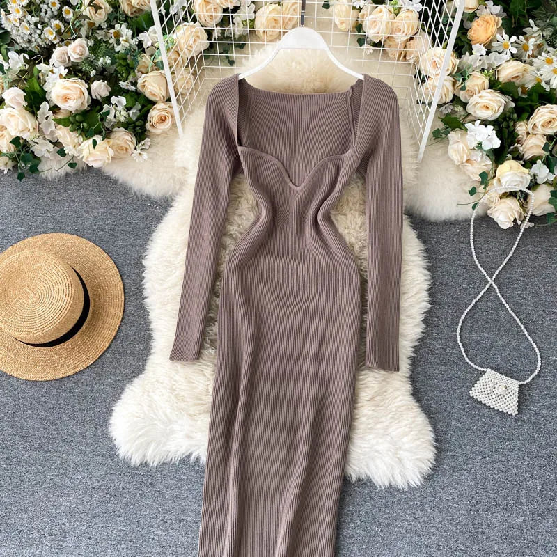 Women Long Sleeve Sexy Bodycon Dress with slit Vintage French Fashion Knit v neck Vestidos Basic Tight Elegant Slim Chic Dresses