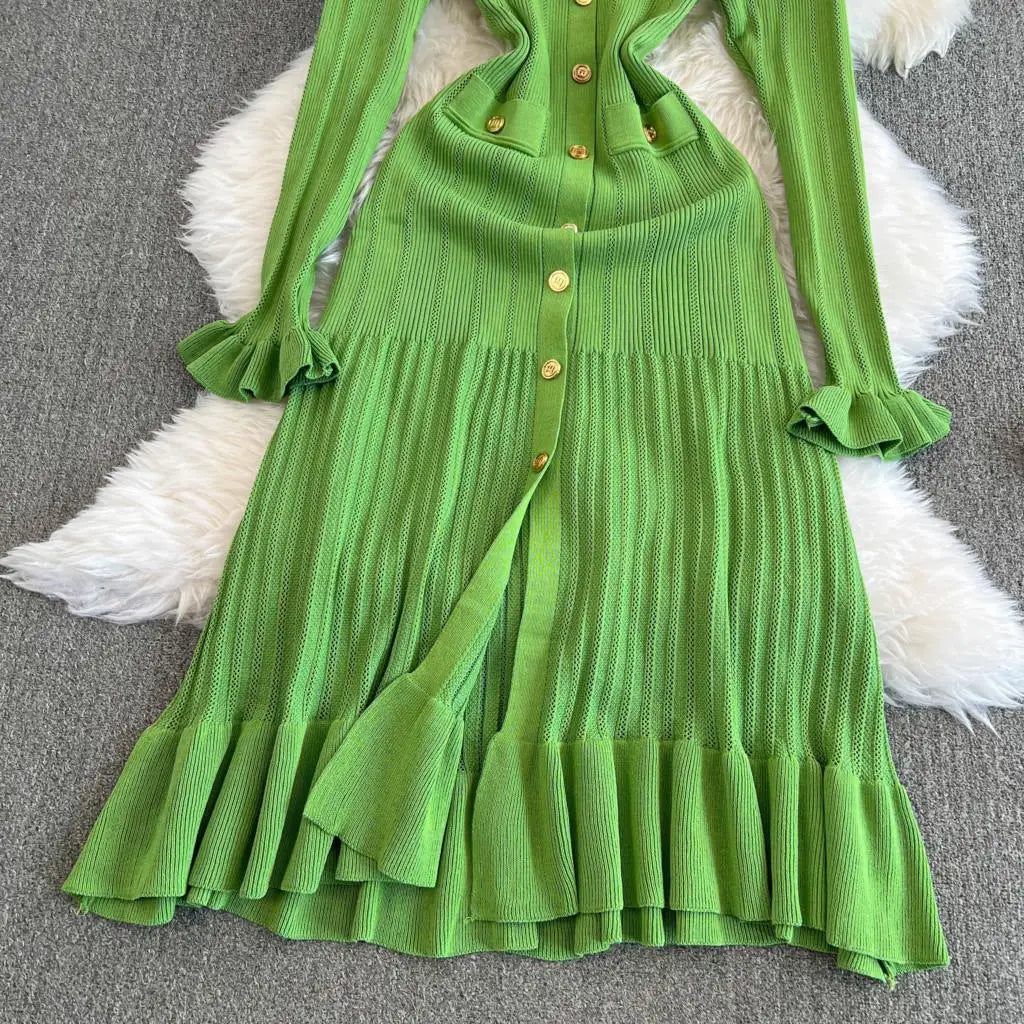 Women Vintage Mermaid Knitted Dress Elegant Casual Single Breasted Bodycon Slim Evening Dresses Female One Piece Clothes Mujers