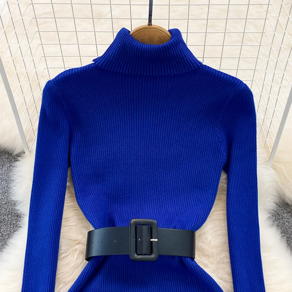 Elegant Turtleneck Long Sleeve Knit Soft Tight Pencil Dress with Belt Slim Fashion Warm Sweater Vestido Sexy Women Winter Robe