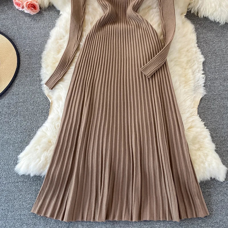 Women Chic Turtleneck Long Sleeve Sexy A-line Sweater Dress Vintage Korean Fashion Knit Vestido Elegant Autumn Winter Knitwear