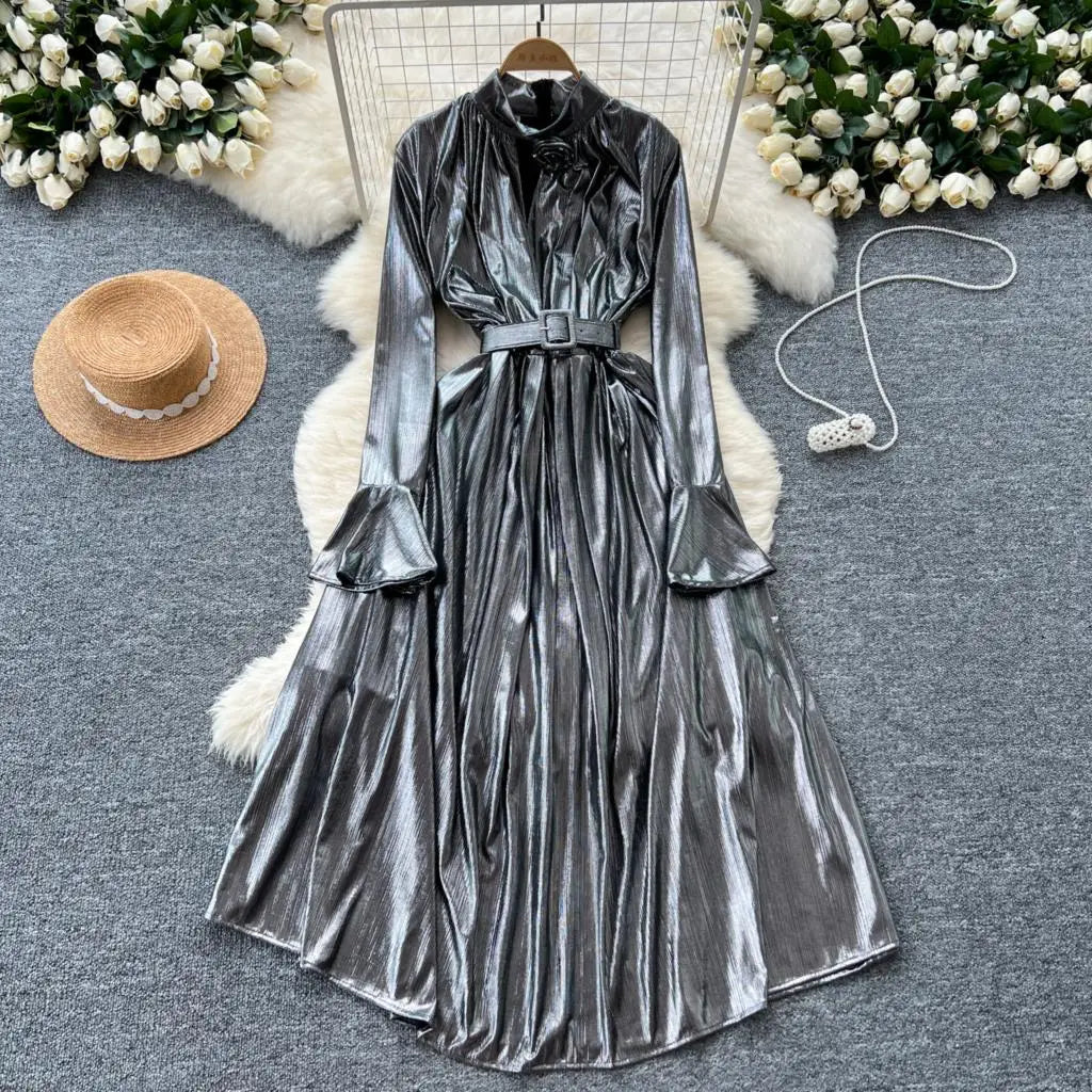 Autumn Vintage Pleated Women Long Dress Elegant Stand Collar Solid A-Line Party Prom Vestidos Female Birthday Clothes Mujers