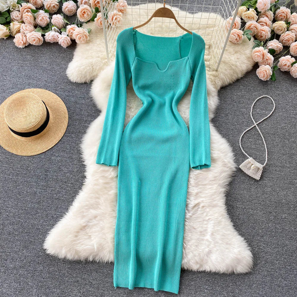 Women Long Sleeve Sexy Bodycon Dress with slit Vintage French Fashion Knit v neck Vestidos Basic Tight Elegant Slim Chic Dresses