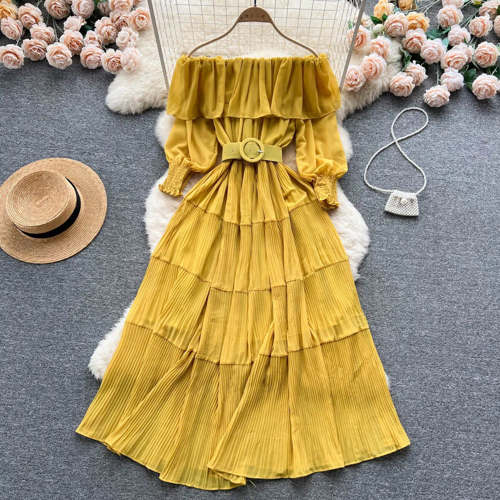 Vintage Pleated Slash Neck Off Shoulder High Waist Dress Long Sleeve Dress Chic Summer Beach Vestidos Women Vacation Sundress