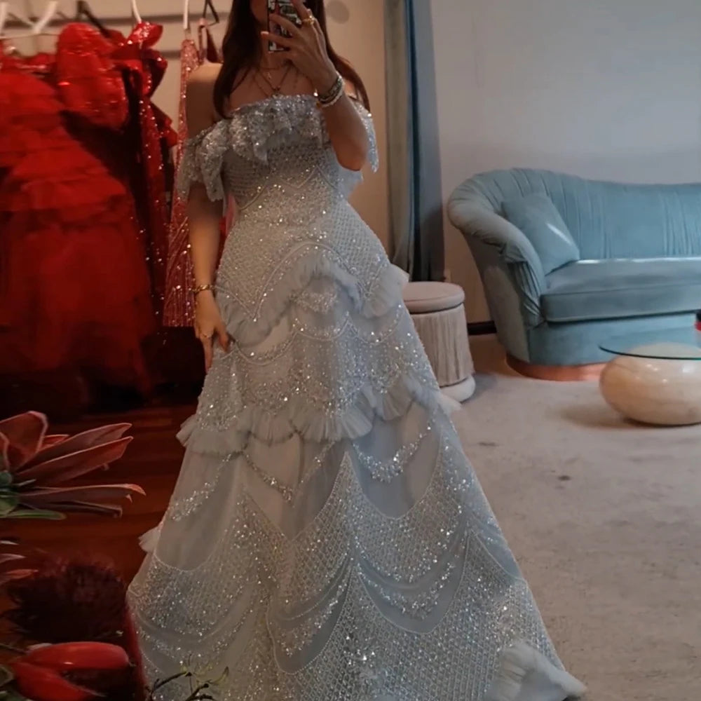 Serene Hill 2024 Arabic Gray A-Line Off-The-Shoulder Beaded Luxury Saudi Evening Gown for Formal Occasion LA72762