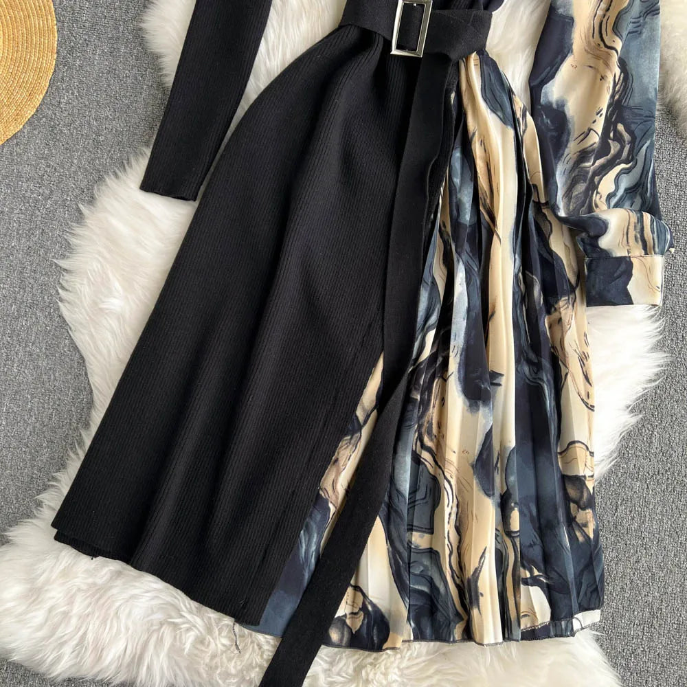 Elegant Chic Print Patchwork Knit Dress French Long Sleeve Party A-line Vestidos High Waist Basic Slim Women Autumn Winter Dress