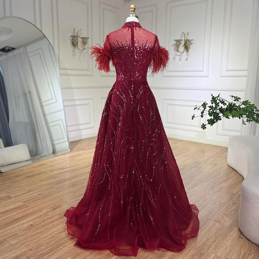 Serene Hill 2024 Arabic blue A Line Short Sleeveless Luxury Evening Dresses Beaded Feathers For Women Wedding Party LA72351
