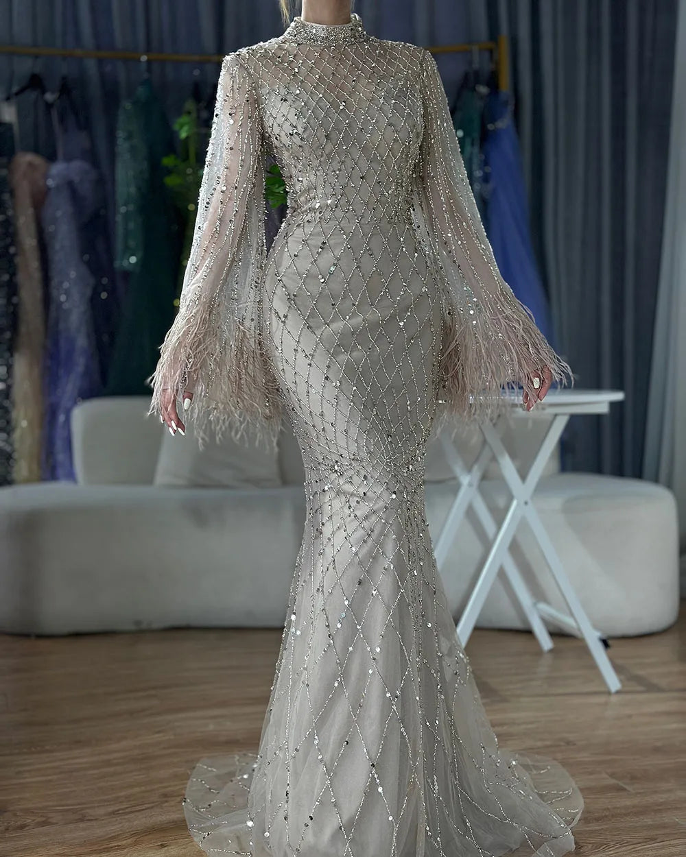 Serene Hill 2024 Saudi Caramel Illusion Cut Out Lace Beaded Feathers Mermaid Evening Dresses Gowns for Formal Occasion LA72394A
