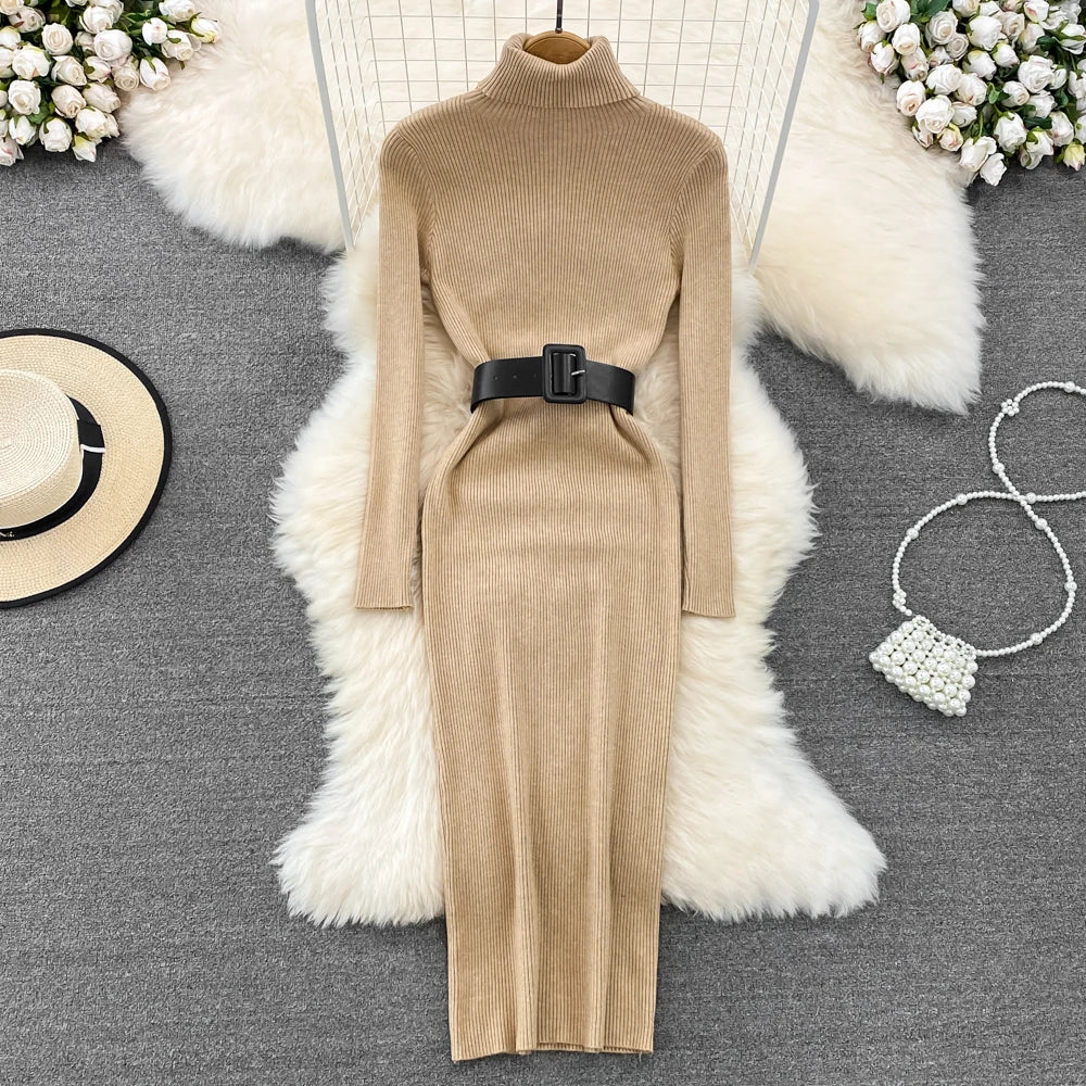 Elegant Turtleneck Long Sleeve Knit Soft Tight Pencil Dress with Belt Slim Fashion Warm Sweater Vestido Sexy Women Winter Robe
