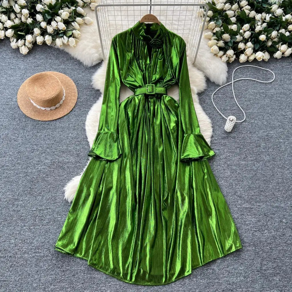 Autumn Vintage Pleated Women Long Dress Elegant Stand Collar Solid A-Line Party Prom Vestidos Female Birthday Clothes Mujers