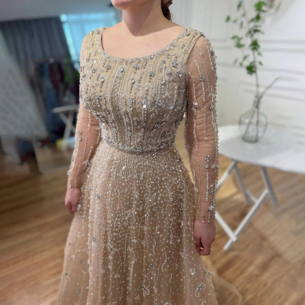 Dubai Arabic Designer Luxury Nude A Line Beaded Evening Dresses Gowns For Women Wedding Party 2023 BLA72088 Serene Hill