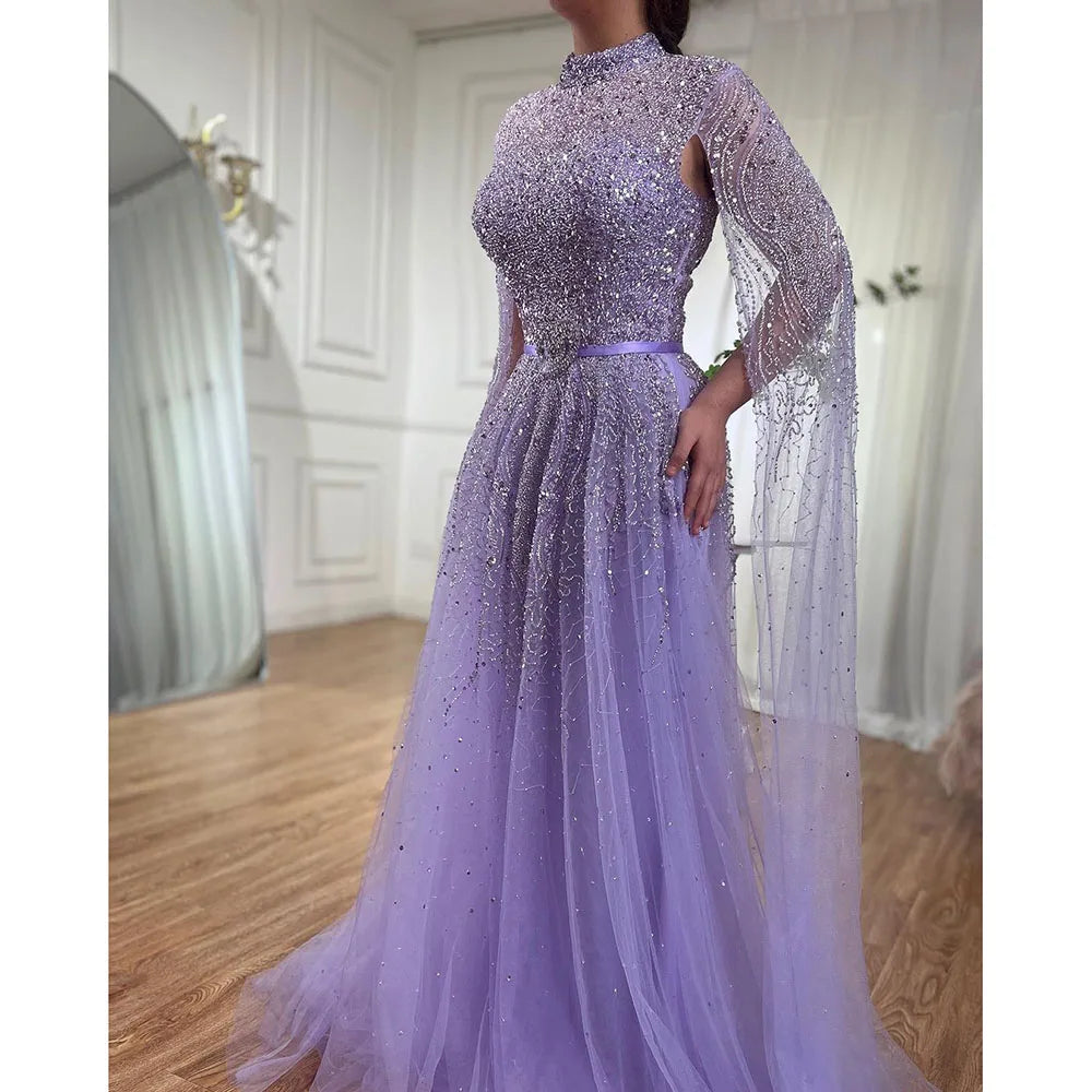 Serene Hill Blue A-Line High-end Beaded Luxury Cape Sleeves Evening Dresses Gowns 2024 For Woman Party Plus Size LA70066B