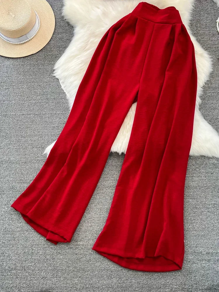 Summer Women Sexy Beach Two Piece Set Elegant Halter Sleevless Bandage Tops + High Waist Wide Leg Pants Female Vacation Suit New