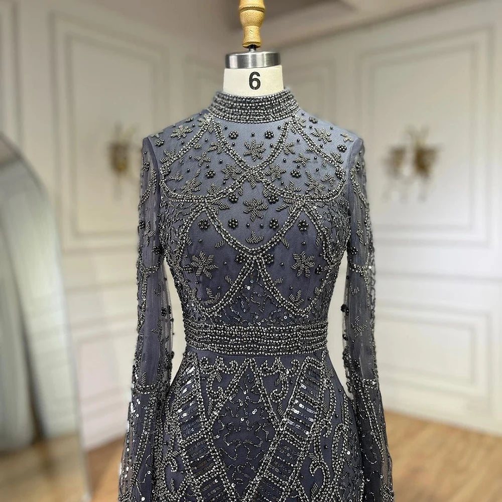Serene Hill Muslim Grey Mermaid Elegant Nude Cape Sleeve Beaded Luxury Dubai Long Evening Dress 2024 Women's Party LA72316