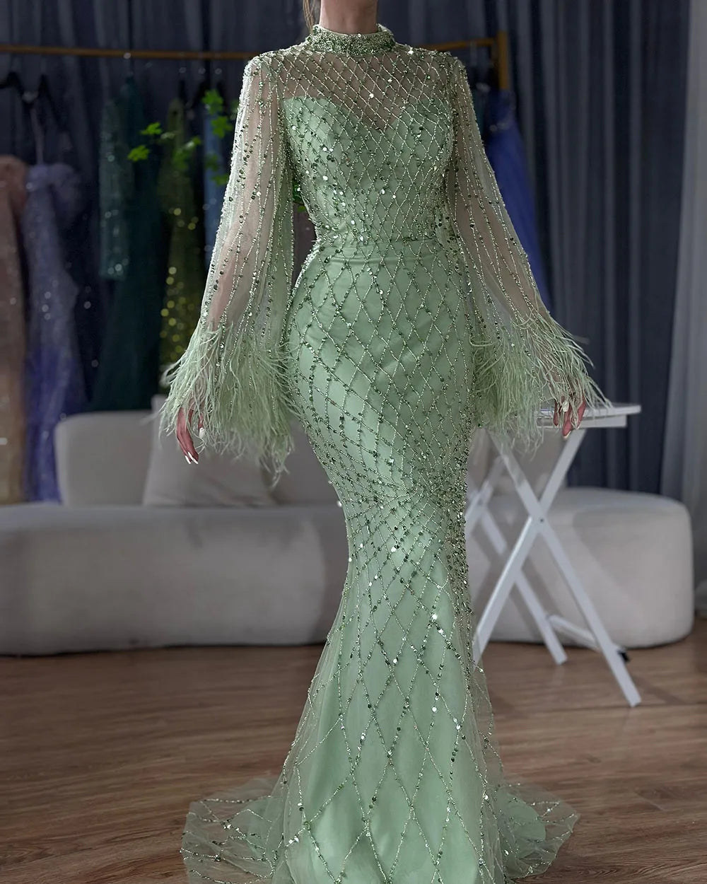 Serene Hill 2024 Saudi Caramel Illusion Cut Out Lace Beaded Feathers Mermaid Evening Dresses Gowns for Formal Occasion LA72394A