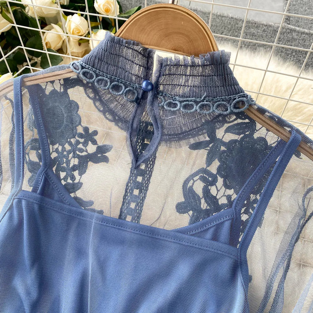 Retro Elegant Mesh Pleated two pieces Dress sets Sexy Fairy puff sleeve Summer Casual Vestidos Slim Women Evening Party Dress