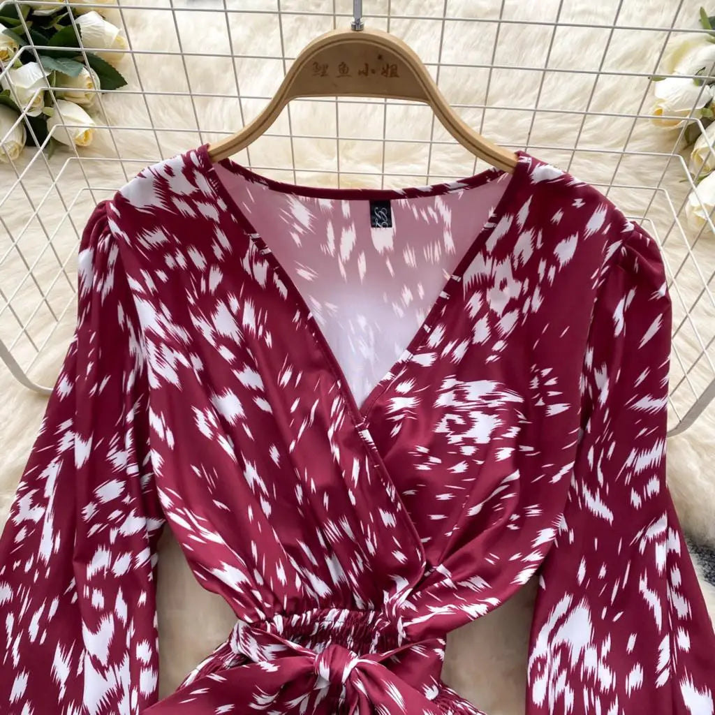 Women Casual Vintage Print Ruffle Long Dress Autumn Elegant V Neck Lantern Sleeve Party Mermaid Dresses Holiday Female Mujer New