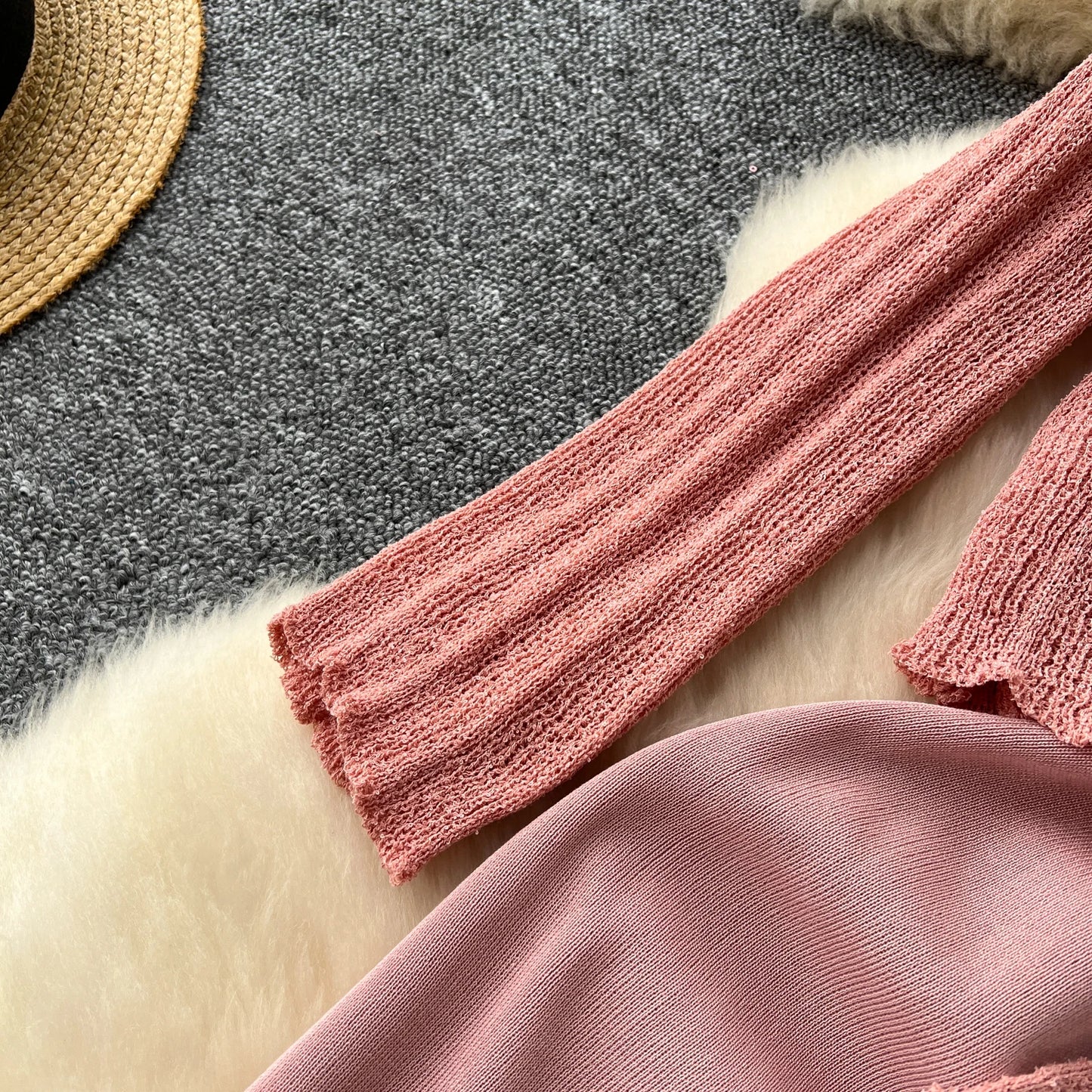 French Vintage Shirring lool sleeve slip knit overcoat with sweet slip A-line Chic Casual Vacation Women Summer dresses