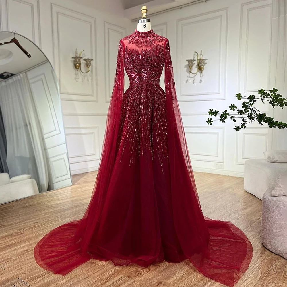 Serene Hill Caramel Luxury Evening Dresses with Cape Sleeves A-Line Beaded Lace Gown For Women's Wedding Party 2024 LA72386
