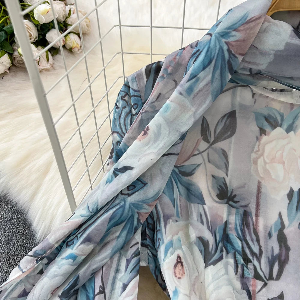 Elegant Chic A-Line Women Autumn Dress Long Sleeve Casual Floral Print Vintage Beach Holiday Vestidos Female Lace-up Robe Mujers