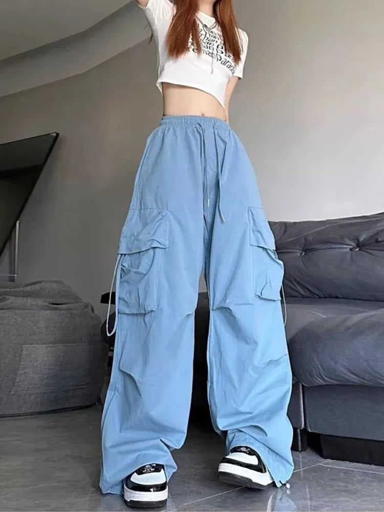 Women's High Waist Cargo Pants with Multiple Pockets Trendy Solid Color Streetwear Y2K Spring Autumn New Loose Wide Leg Trousers