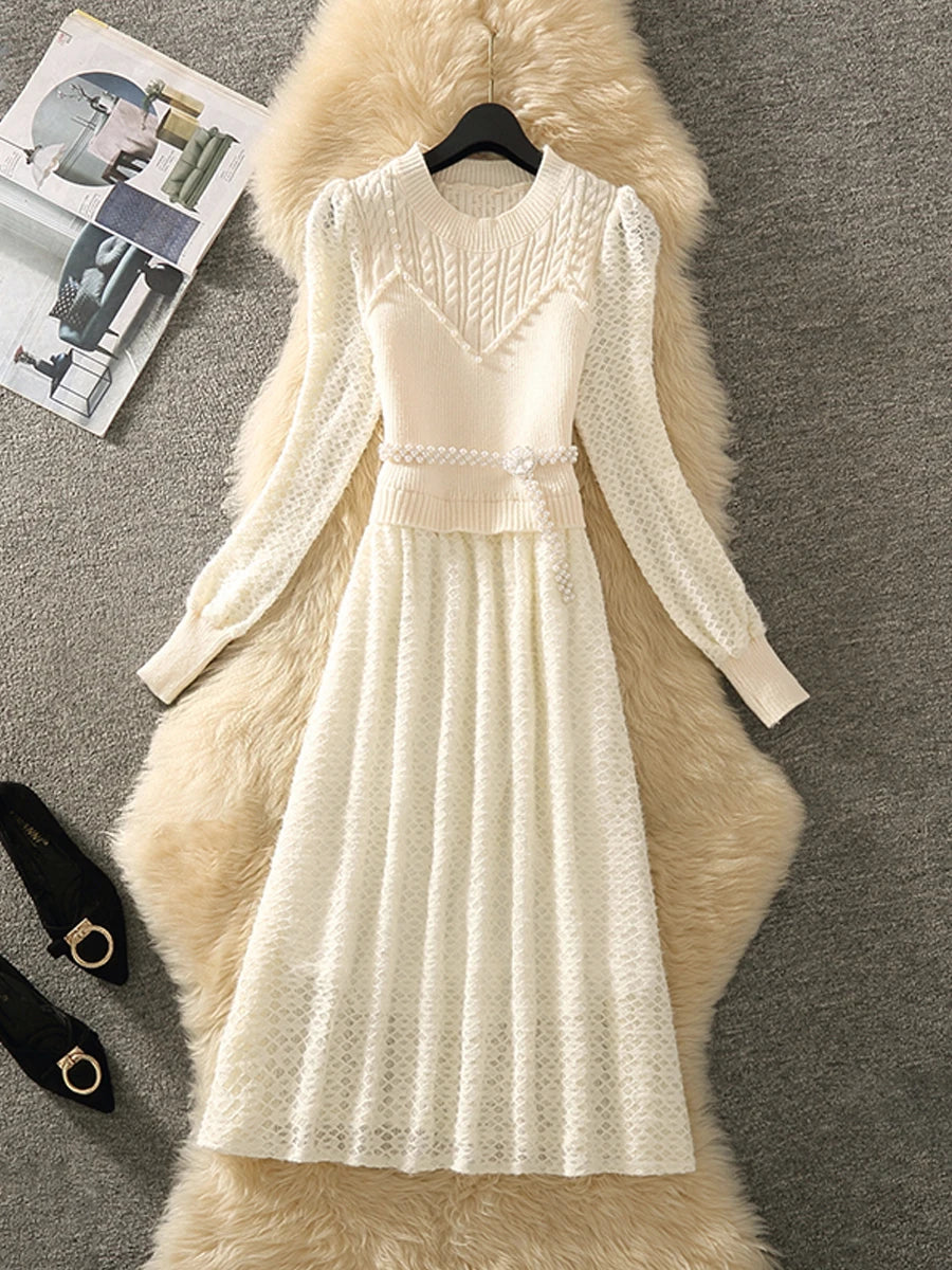Long Sleeved Knitted Patchwork Dress Sweet O-neck Embroiled Flares Pullover Solid High Waisted A-line Dresses New Autumn 2024