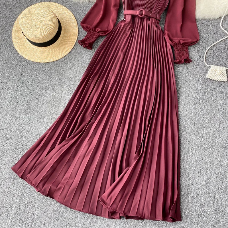 Chic Pleated Elegant Puff Sleeve Dress A-line Chiffon High Waist Belt Beach Vacation Party Dress Women Summer Spring Vestidos