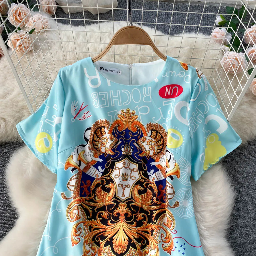 Summer Dresses Fashion Women Clothing 2023 Wedding Party Elegant Vintage Print Dress Round Neck Short Sleeve Straight Mini Dress