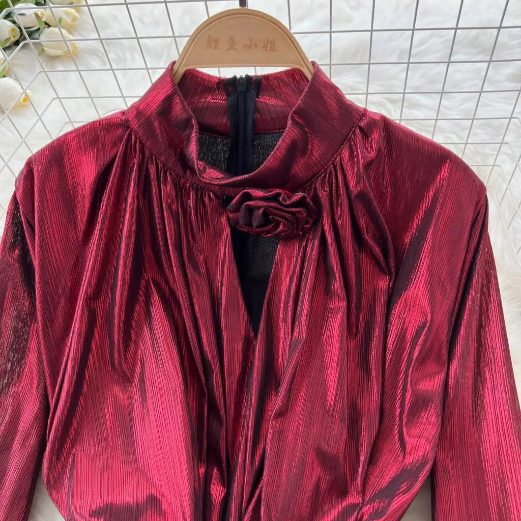 Autumn Vintage Pleated Women Long Dress Elegant Stand Collar Solid A-Line Party Prom Vestidos Female Birthday Clothes Mujers