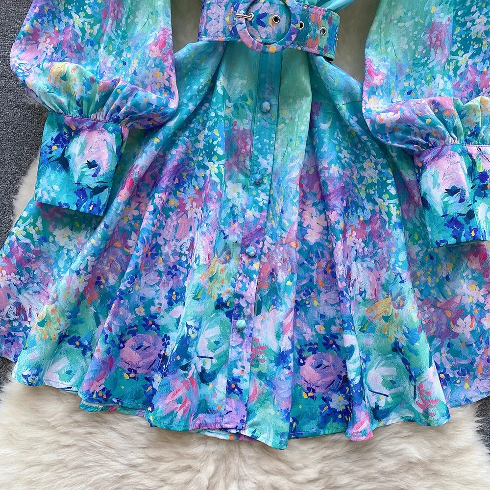 Mini Dresses For Women Frill Trim Long Sleeve Spring Vacation Dress Stand Collar Elegant Vintage Floral Print Dress With Belt