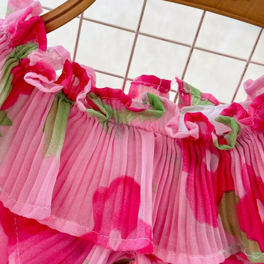 Summer Vintage Casual A-Line Floral Print Women Dress Elegant Chic Pleated Party Prom Vestidos with Belted Female Long Robe